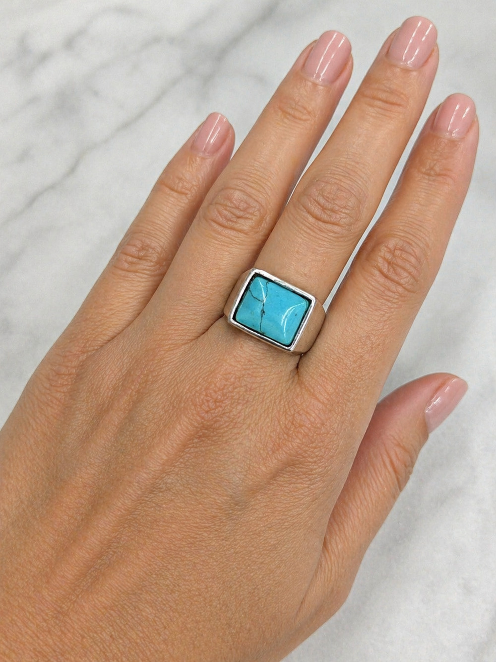 Vintage Turquoise Statement Ring Silver Tone Square Bezel Size 7.5 Southwestern